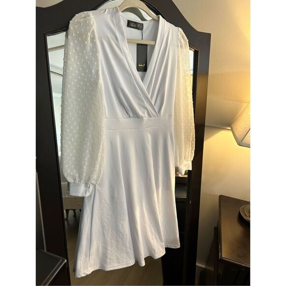 NEW Long Sleeve Swiss Dots Wrap V Neck Knee Length Dress S - Picture 7 of 7